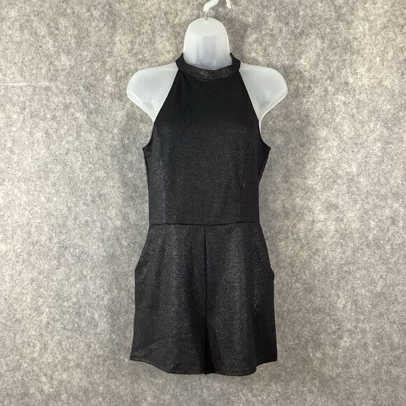 One Clothing Shimmer Sparkle Black Short Sleeveless Halter Romper Pockets Size L - Picture 1 of 14